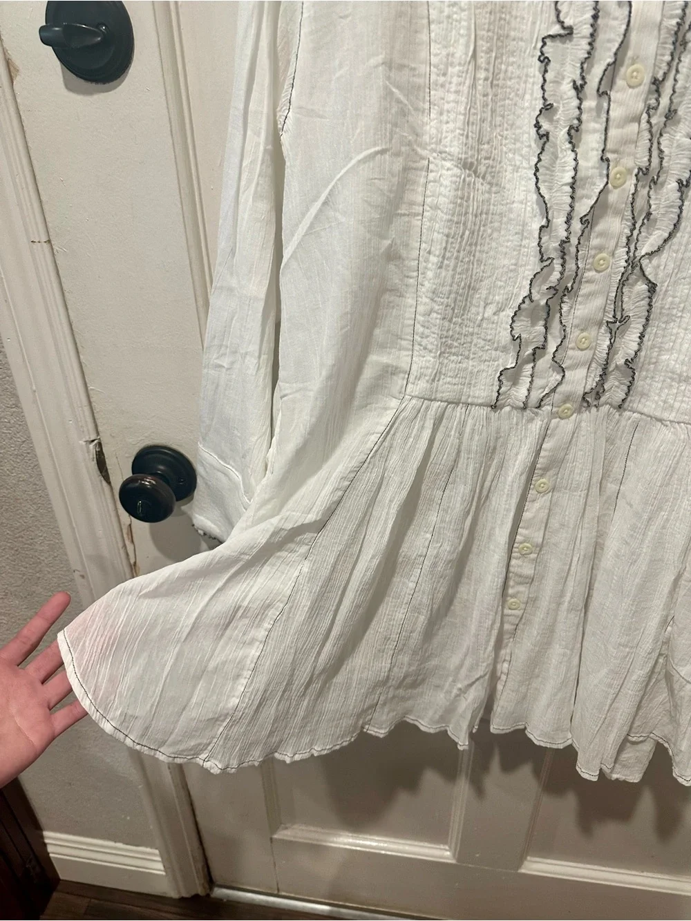 Free People White Ivory Tuxedo Ruffle-Front Shirt Dress Boho Chic Women’s L